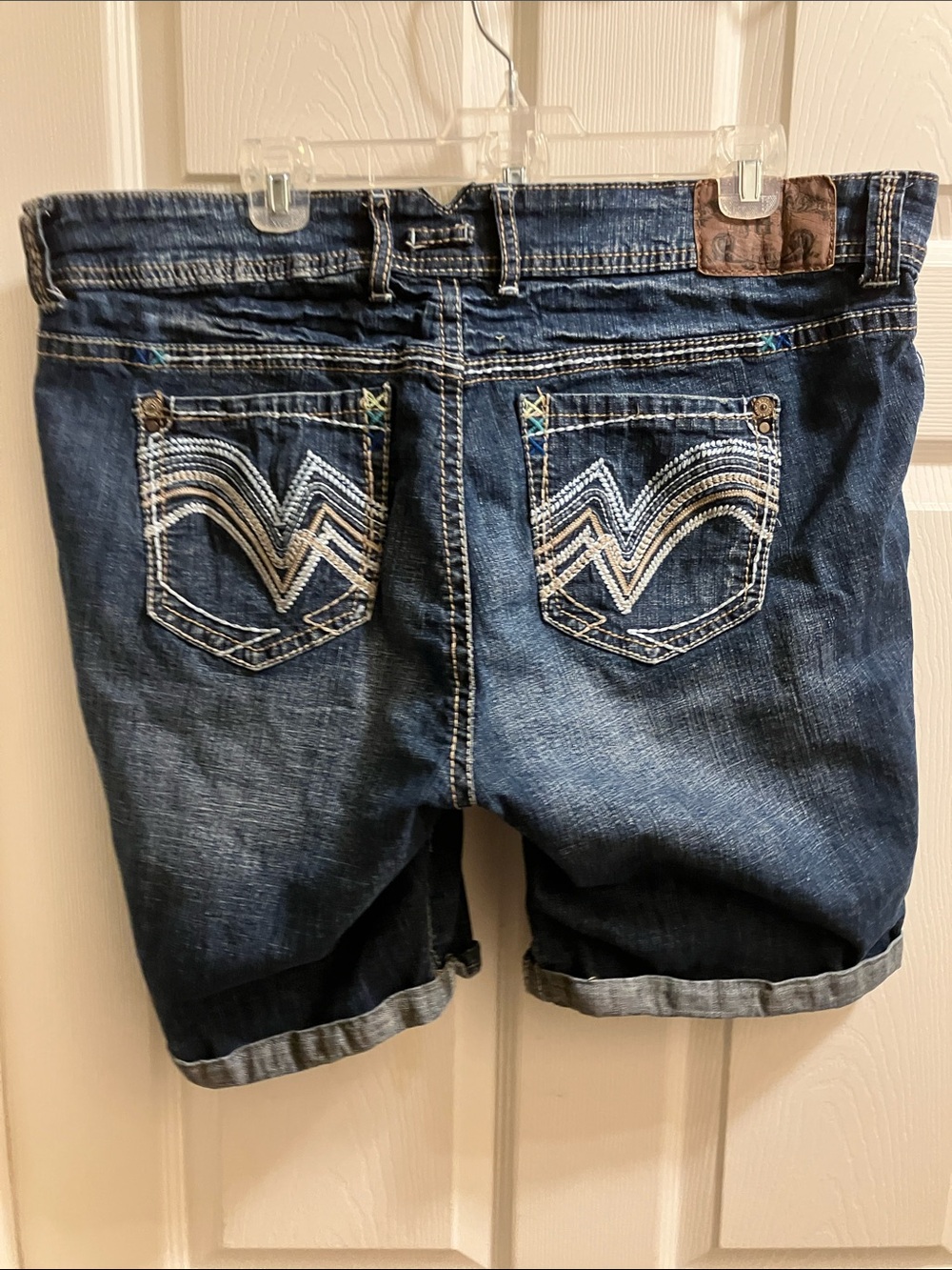 Hydraulic Brown Leather Patch Dark Blue Denim Shorts